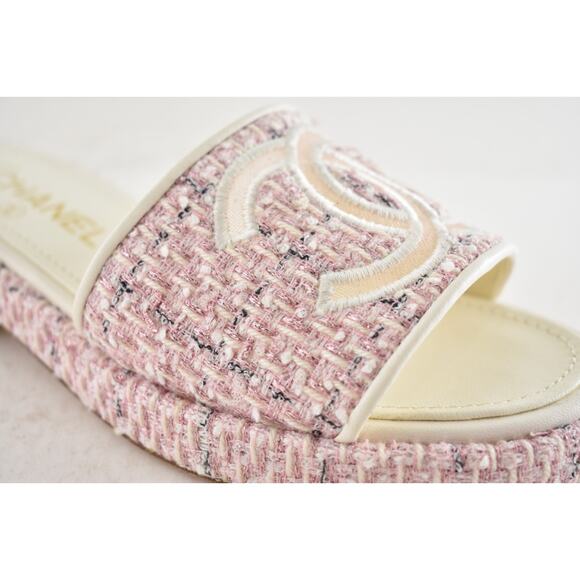 Chanel 20P Pink White Tweed Mesh CC Logo Slide Slip On Sandal Mule Heel Flat 36 - Picture 5 of 15